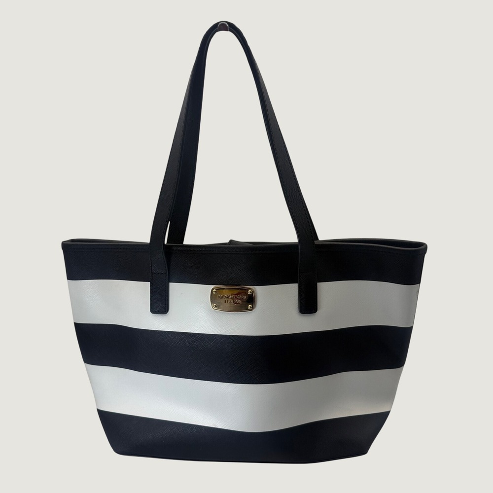 Michael Kors Black White Striped Saffiano Leather Tote Bag Gold Hardware purse